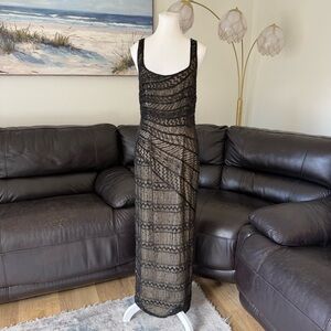 Scala Black Beaded Silk Evening Gown Art Deco Formal Dress Size Large Y2K Maxi